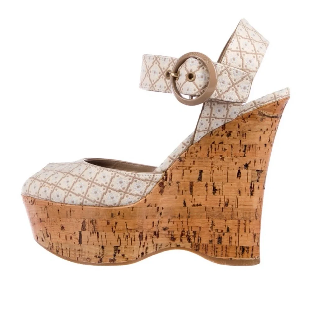 Auth Louis Vuitton Peep Toe Cream Cork Platform Wedge strap vintage 7.5 37.5 - Picture 2 of 6